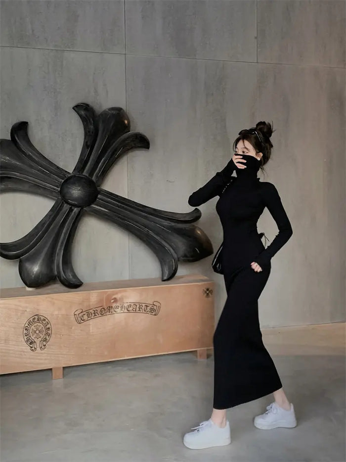 Turtleneck Ribbed Knit Dress fashionnsio