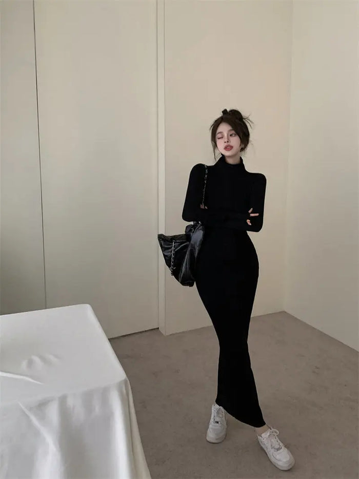 Turtleneck Ribbed Knit Dress fashionnsio