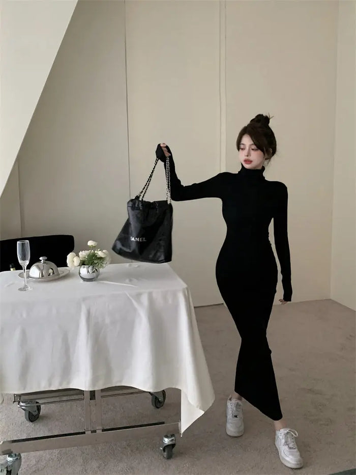 Turtleneck Ribbed Knit Dress fashionnsio