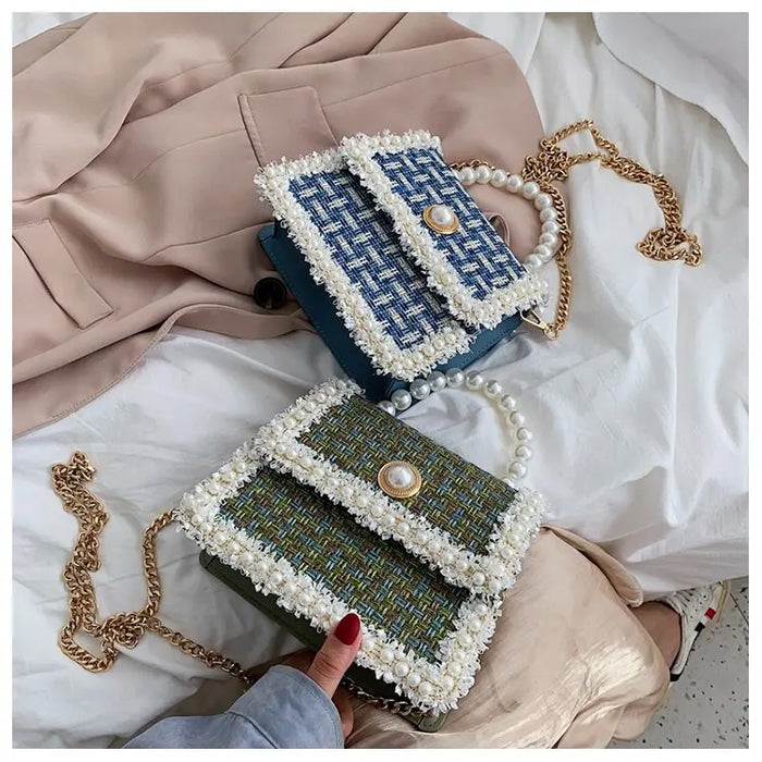 Tweed Pearls Handbags/Sling Bags fashionnsio