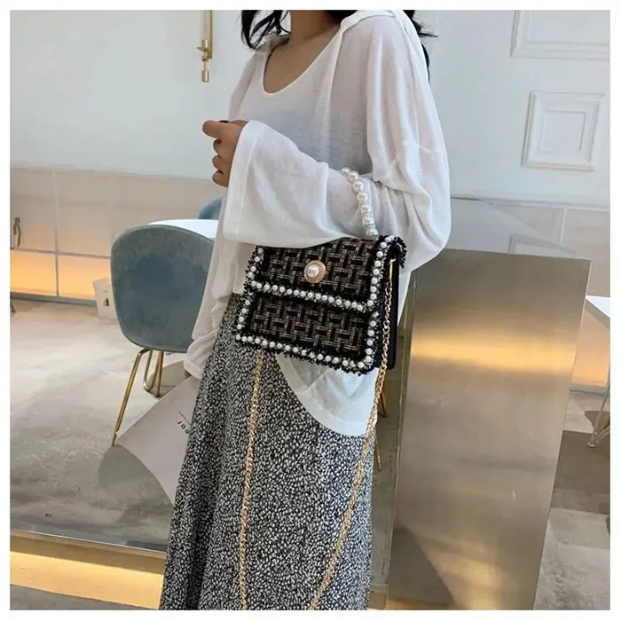 Tweed Pearls Handbags/Sling Bags fashionnsio