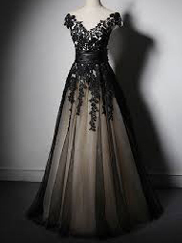 Unique Black Lace Appliques A-line Tulle Prom Dress, Evening Dress, PD00260