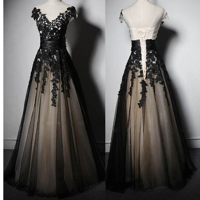 Unique Black Lace Appliques A-line Tulle Prom Dress, Evening Dress, PD00260