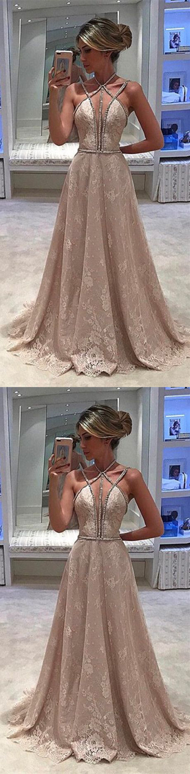 Unique Charming Sexy Beading Spaghetti Strap Halter Full Lace Evening Party Prom Gown Dresses,PD00013