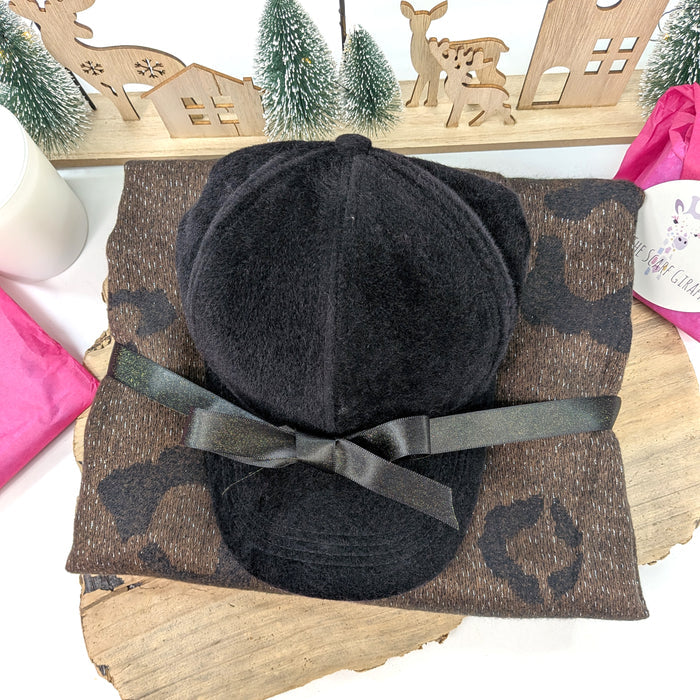 Velvet Luxe Gift Set – Black Cap & Brown Animal Print Scarf