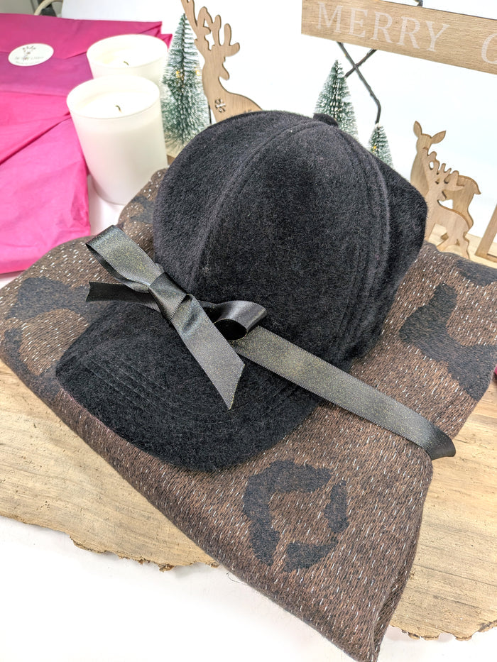 Velvet Luxe Gift Set – Black Cap & Brown Animal Print Scarf