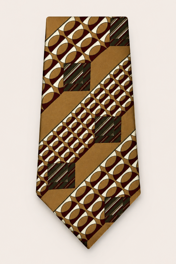 Vintage Geometric Camel & Burgundy Silk Tie by Holly Green