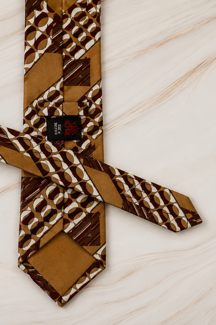 Vintage Geometric Camel & Burgundy Silk Tie by Holly Green