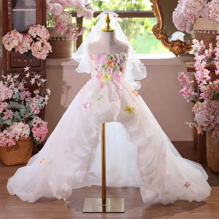 White Flower Girl Dress Birthday Dress Long Train Applique Lace J573