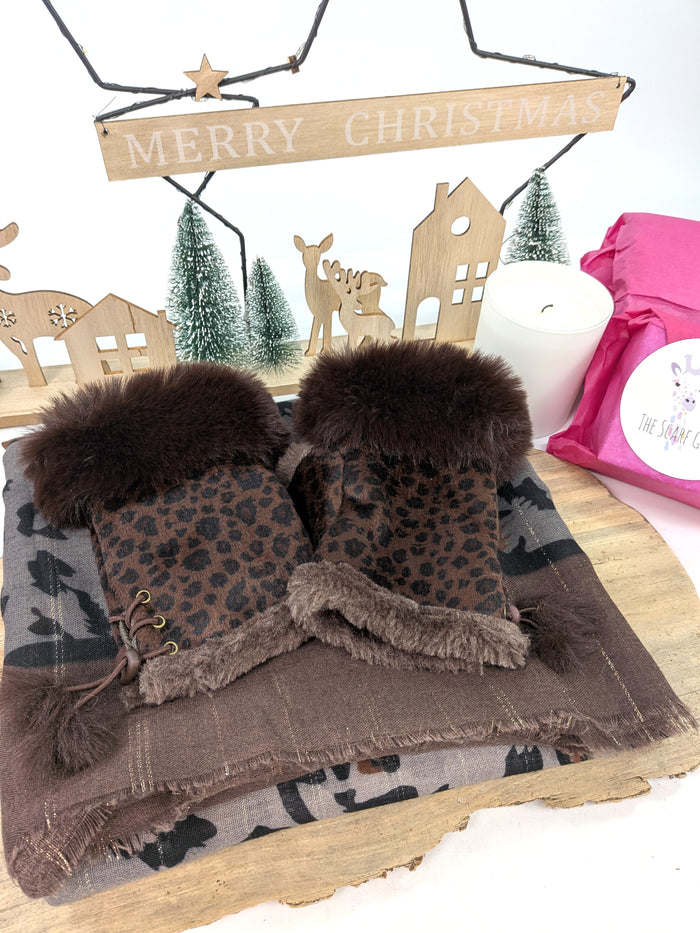Wild Harmony Gift Set – Animal Print Scarf & Faux Fur Trim Fingerless Gloves
