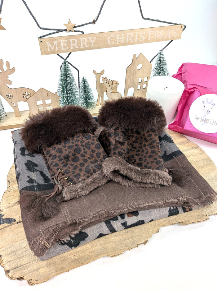 Wild Harmony Gift Set – Animal Print Scarf & Faux Fur Trim Fingerless Gloves