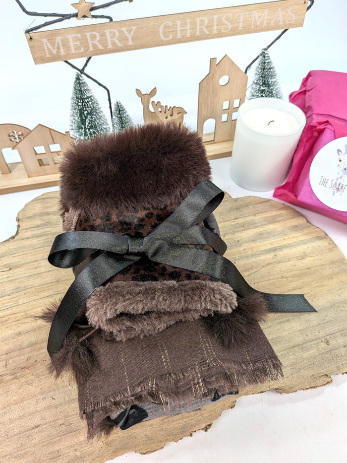 Wild Harmony Gift Set – Animal Print Scarf & Faux Fur Trim Fingerless Gloves