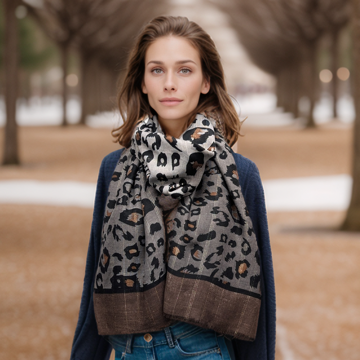 Wild Harmony Gift Set – Animal Print Scarf & Faux Fur Trim Fingerless Gloves