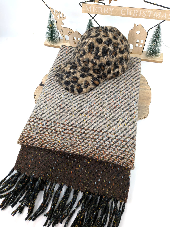 Wild Warmth Gift Set – Animal Print Cap & Chunky Tasselled Scarf