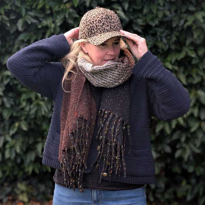 Wild Warmth Gift Set – Animal Print Cap & Chunky Tasselled Scarf