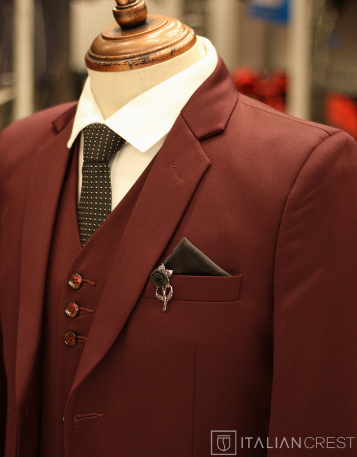 Wine 3-Piece Notch Lapel Suit