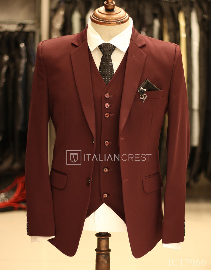 Wine 3-Piece Notch Lapel Suit