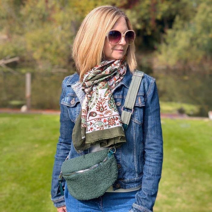 Winter Wanderer Gift Set – Green Paisley Scarf & Teddy Crossbody Bag