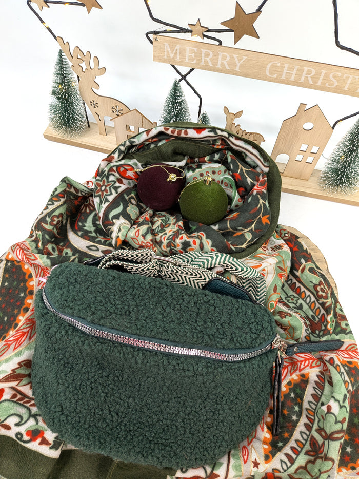 Winter Wanderer Gift Set – Green Paisley Scarf & Teddy Crossbody Bag