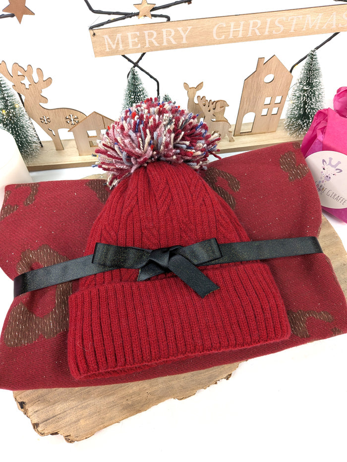 Winter Warmth Gift Set – Red Bobble Hat & Animal Print Scarf
