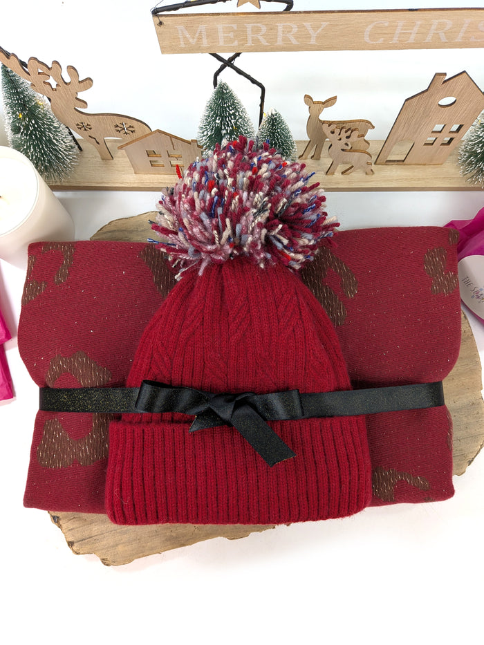 Winter Warmth Gift Set – Red Bobble Hat & Animal Print Scarf