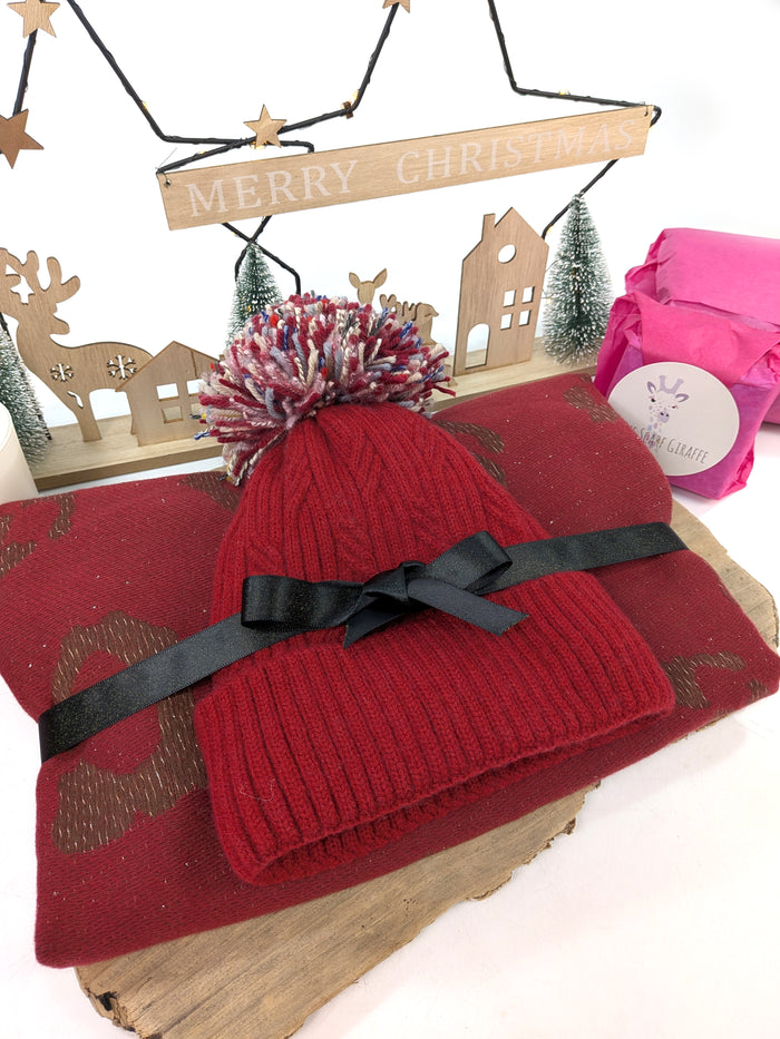 Winter Warmth Gift Set – Red Bobble Hat & Animal Print Scarf