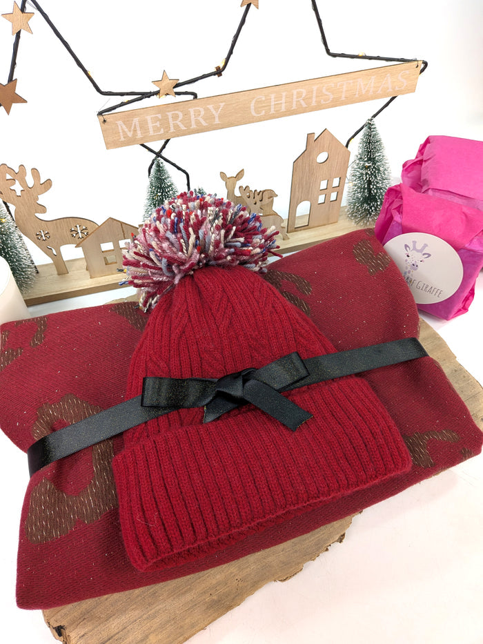 Winter Warmth Gift Set – Red Bobble Hat & Animal Print Scarf