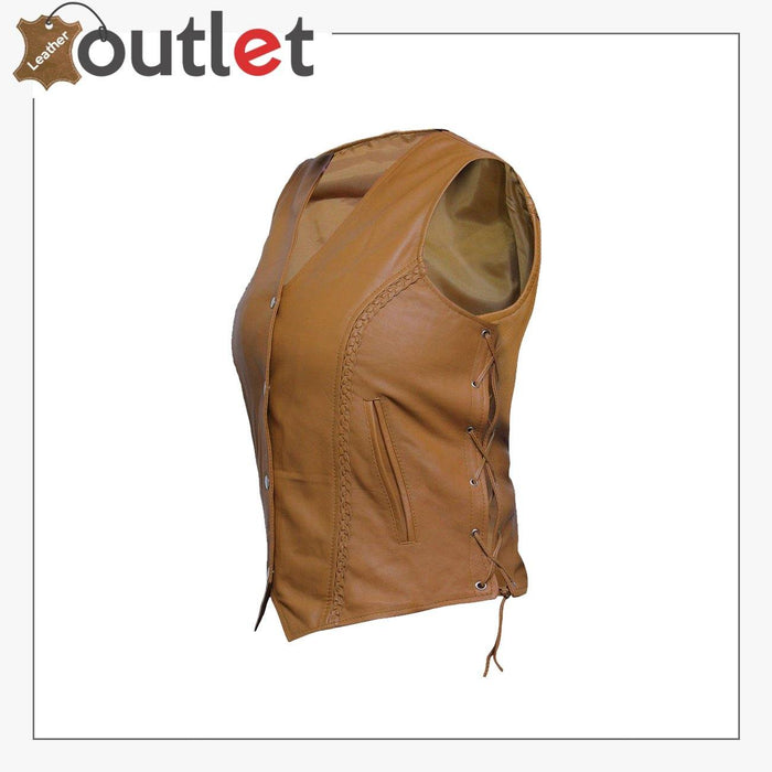 Womens Brown New Motorcycle Biker Soft Leather Vest Waistcoat