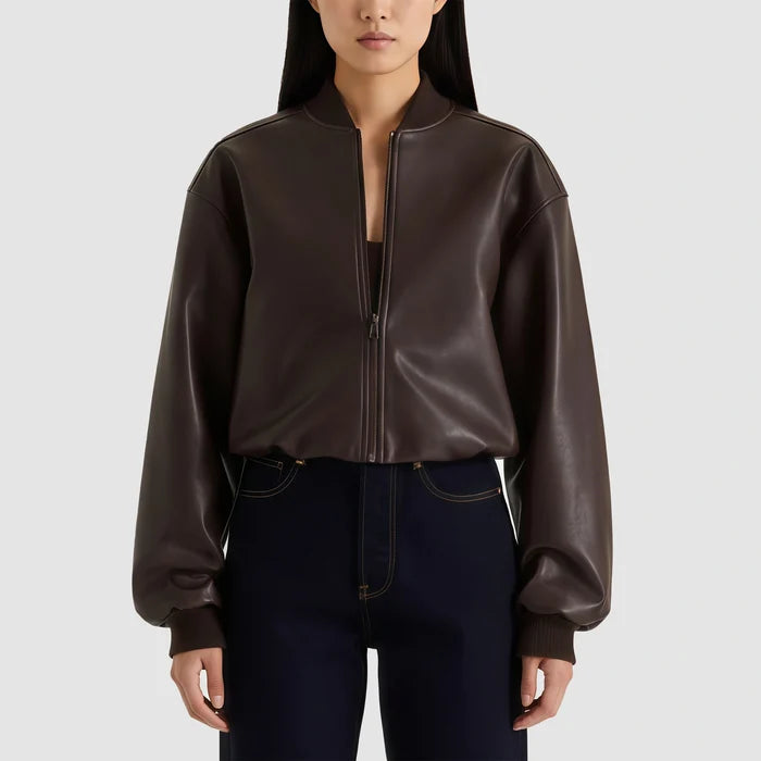 Women's Classic Dark Brown Sheepskin Leather Bomber Jacket