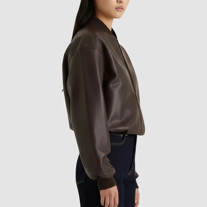 Women's Classic Dark Brown Sheepskin Leather Bomber Jacket