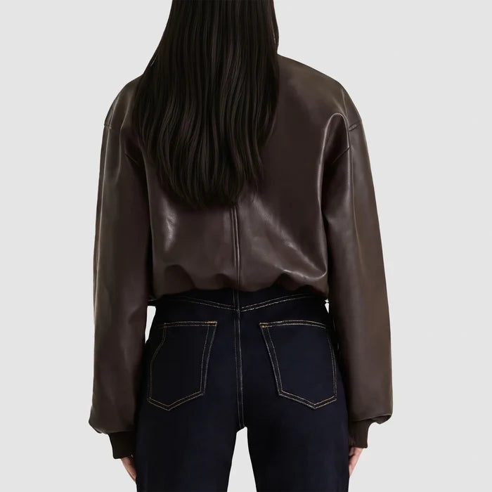 Women's Classic Dark Brown Sheepskin Leather Bomber Jacket