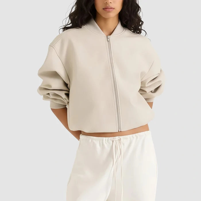 Women's Oversized Cream Sheepskin Leather Bomber Jacket