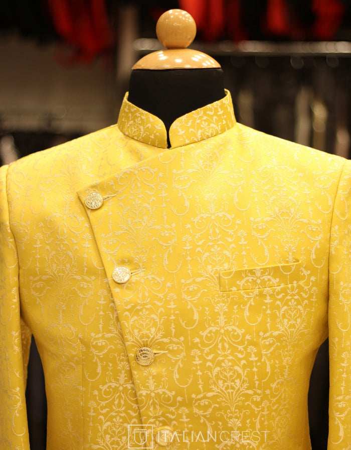 Yellow Jacquard Jodhpuri Suit