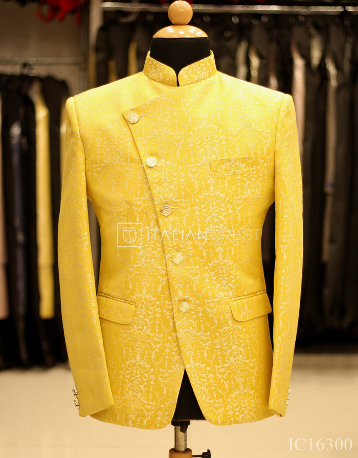 Yellow Jacquard Jodhpuri Suit