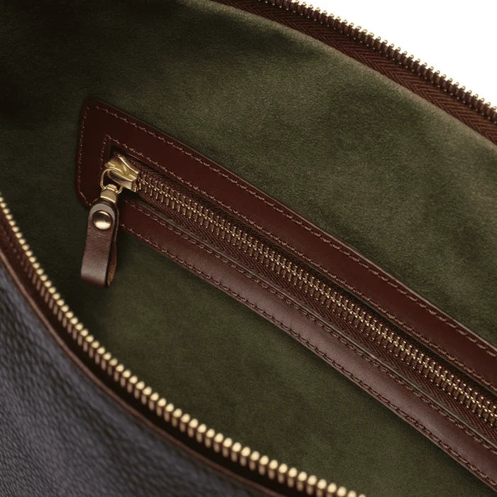 Premium leather laptop folio with secure zipper and organized interior
