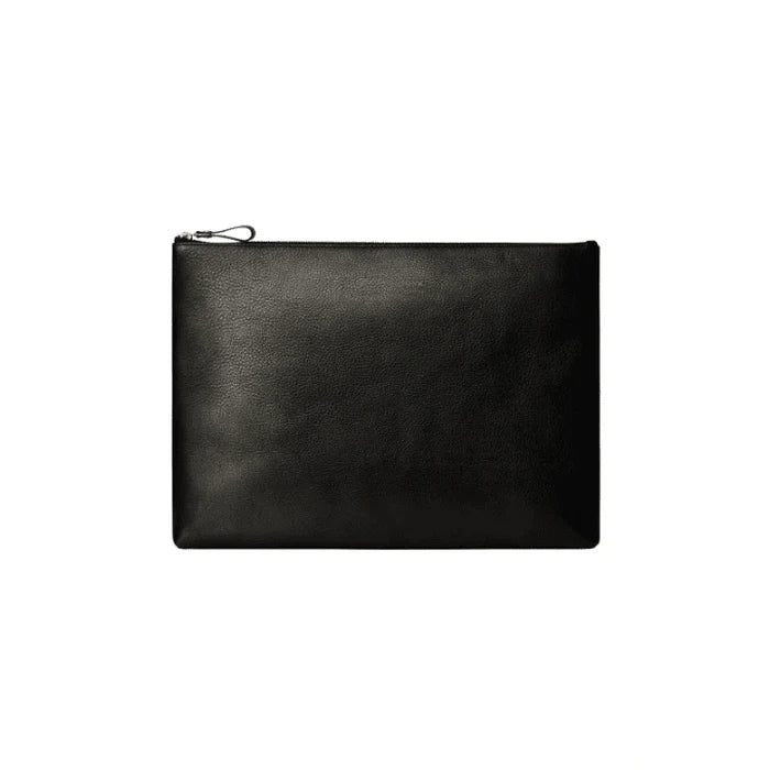Black full-grain leather laptop folio with zip closure for 16-inch laptop